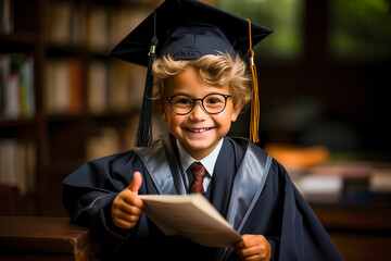 Portrait of a cute boy in an academic robe and cap.