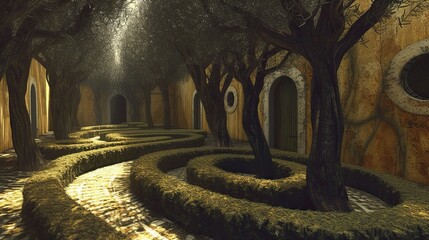 Surreal labyrinth of bushes and trees