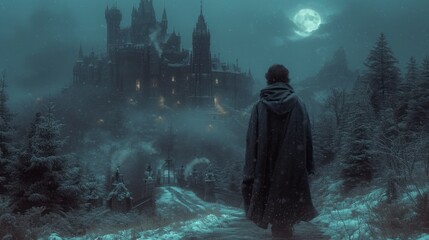 in the background is a medieval, gothic castle, trees, 