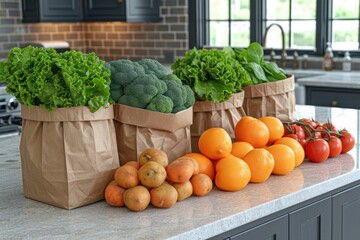 fresh produce and grocery bags sitting on top of a countertop professional advertising food photography