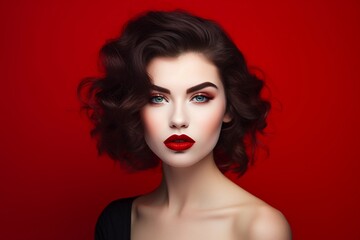 Fototapeta premium Portrait of beautiful young woman with styled hair and bright makeup on red background