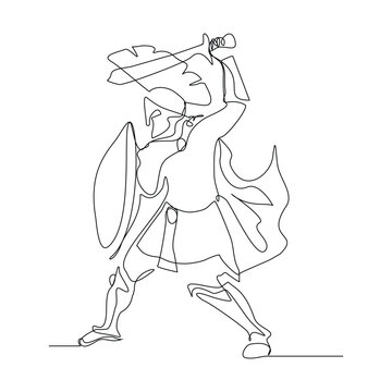 Continuous single line sketch drawing of knight warrior sparta armor protection. One line art of ancient military soldier armor greek roman vector illustration