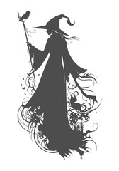 Silhouette of walking young cute witch girl with bird. Long curly hair. Halloween relative character silhouette