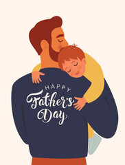 Happy father's day celebration vector card illustration. Dad and son. Father and son hugging. Removable lettering in background