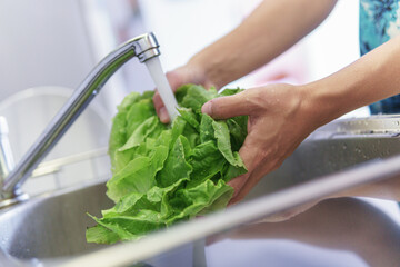 Obraz na płótnie Canvas Woman hands washing fresh green iceberg lettuce in kitchen