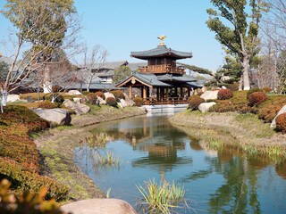 Ancient Tang dynasty style building pavilion in Baoshan temple. Buddhist temple located in Baoshan district, Shanghai.