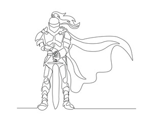 Continuous single line sketch drawing of knight warrior sparta armor protection. One line art of ancient military soldier armor greek roman vector illustration