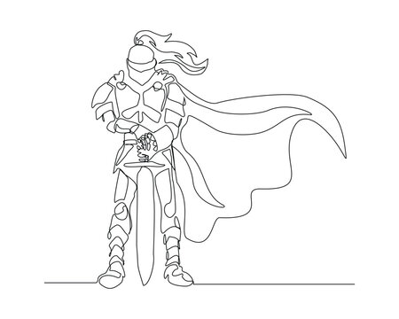 Continuous single line sketch drawing of knight warrior sparta armor protection. One line art of ancient military soldier armor greek roman vector illustration