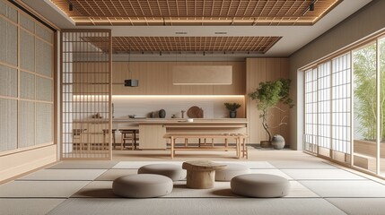 Modern Japanese minimalist interior design kitchen and living room ,sleek tatami mats meet plush rugs, light wood blends with earthy ceramics, and hidden shoji screens reveal a minimalist kitchen.