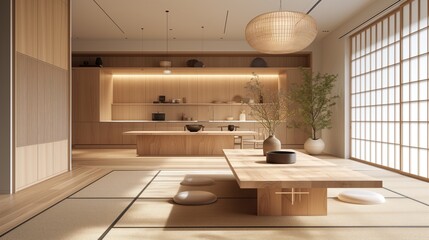 Modern Japanese minimalist interior design kitchen and living room ,sleek tatami mats meet plush rugs, light wood blends with earthy ceramics, and hidden shoji screens reveal a minimalist kitchen.