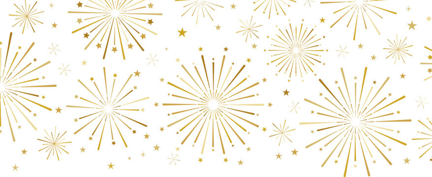 Golden firework banner with stars, isolated elegant clip art element, holiday party celebration border design