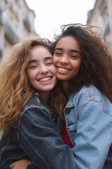Obraz premium Two young women hugging each other in a city. Perfect for capturing friendship and connection. Can be used to illustrate relationships, diversity, and urban lifestyle