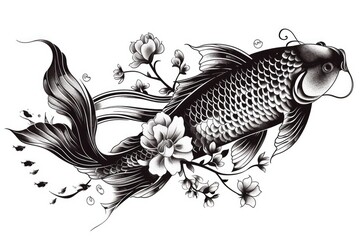 Fish tattoo over a white background. Black koi fish - obrazy, fototapety, plakaty