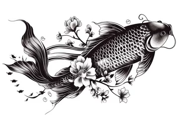 Foto op Aluminium Fish tattoo over a white background. Black koi fish © Lubos Chlubny