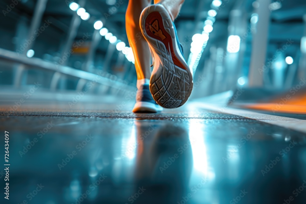 Poster a close up of a person running on a bridge. suitable for fitness and active lifestyle themes