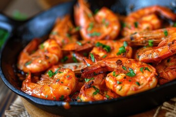 Spicy roasted shrimps in cast iron pan.