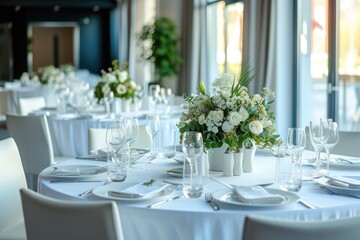 The white round banquet tables in the restaurant. Stylish event decor.