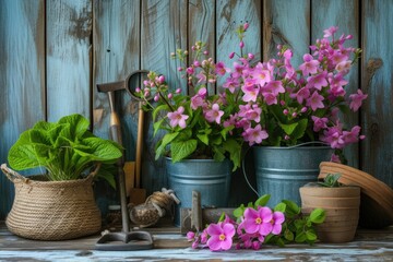 Fototapeta na wymiar Spring flowers with gardening tools