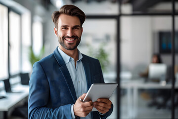 businessman holding tablet smiling, happy executive at office