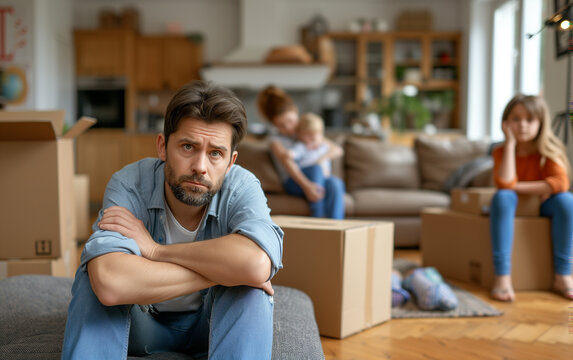 Tired sad evicted family with kids worried relocating house. Moving to new home, family financial problems, crisis, financial hardship, cost of living concept.