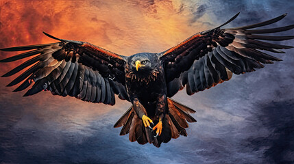 Soaring Eagle of Prey Against a Fiery Sky - Generative AI - obrazy, fototapety, plakaty