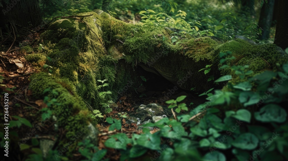 Poster a photograph of a moss covered tree trunk in the woods. perfect for nature-themed designs and enviro