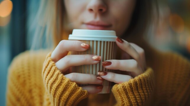 A woman holding a cup of coffee in her hands. Perfect for coffee lovers and cozy lifestyle images