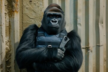 A fierce and fashionable gorilla armed with a gun stands proudly in the great outdoors, embodying the strength and intelligence of the great apes