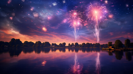 Fireworks over the lake in the evening sky, beautiful sky and fireworks background wallpaper, celebration concept
