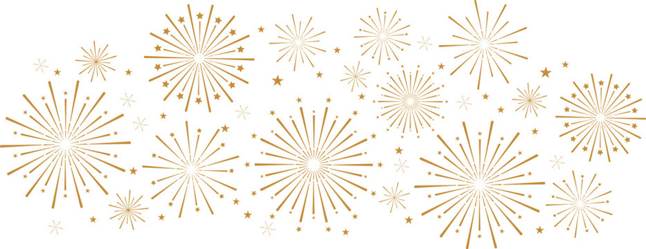 Festive firework banner with stars, golden clip art fireworks, isolated element
