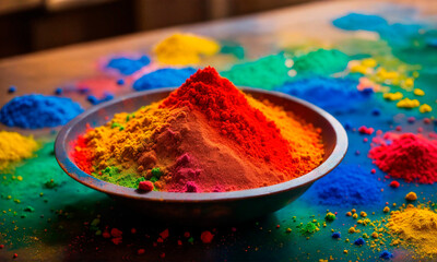 Holi colors on the table. Selective focus.