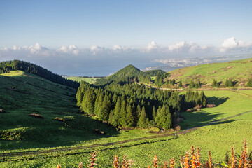 São Miguel island in the archipelago of the Azores in Portugal with the beautiful landscapes, mountains and lakes.