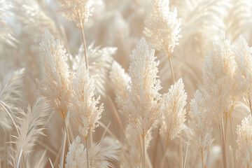 Abstract natural background of soft plants Cortaderia selloana. Pampas grass on a blurry bokeh, Dry reeds boho style.