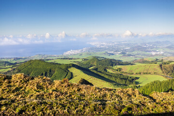 São Miguel island in the archipelago of the Azores in Portugal with the beautiful landscapes, mountains and lakes.
