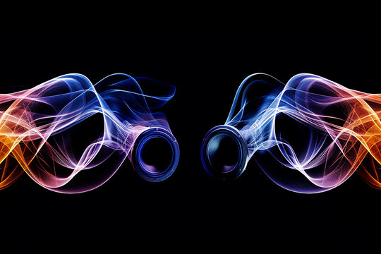 Two sound speakers in neon light with sound wave between them on black background with copy space