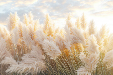 Abstract natural background of soft plants Cortaderia selloana. Pampas grass on a blurry bokeh, Dry reeds boho style. Fluffy stems of tall grass in winter