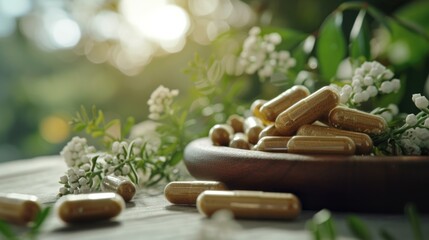 A wooden bowl filled with pills and flowers. Can be used to represent the concept of natural remedies or the contrast between medicine and nature - obrazy, fototapety, plakaty