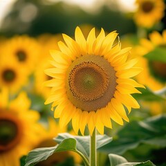 Fototapeta premium Field of yellow sunflowers in summer