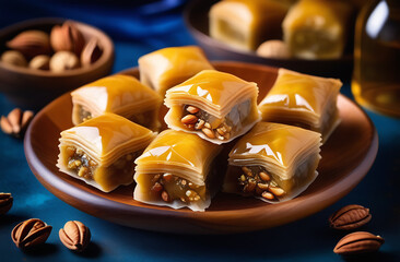 Pieces of baklava made of layers of filo dough filled with chopped nuts and honey or syrup on a plate. Oriental sweets, Ramadan dessert.