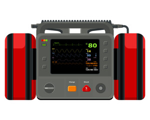 Defibrillators, medical devices They are used to treating sudden cardiac arrest, condition in which the heart stops beating suddenly unexpectedly. Emergency medical equipment. Flat design. 