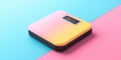 A digital scale sitting on top of a pink and blue surface. Can be used for health and fitness concepts