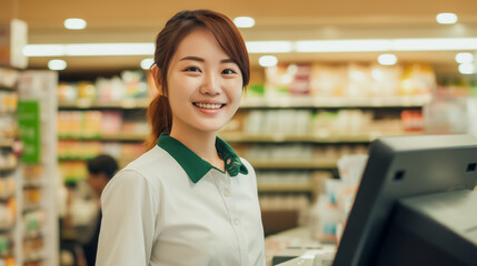 Young asian female cashier working in supermarket