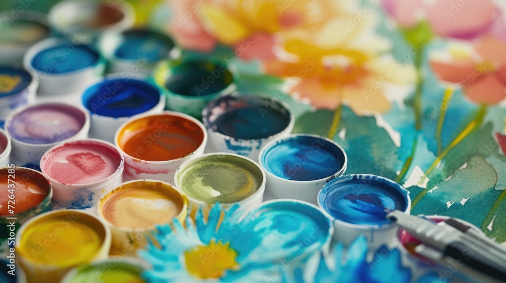 Poster a detailed view of a collection of watercolor paints arranged on a table. ideal for art and creativi