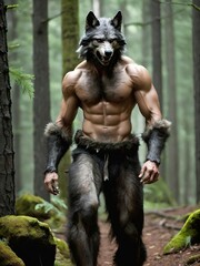 a man in a wolf mask standing in the woods