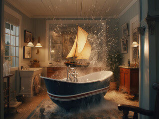 Sailing Ship in a Bathtub Amidst Splashing Water - Generative AI - obrazy, fototapety, plakaty
