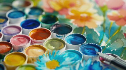 A detailed view of a collection of watercolor paints arranged on a table. Ideal for art and creativity projects