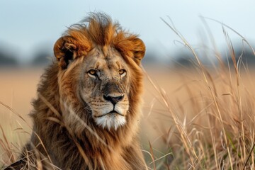 Fototapeta premium A majestic masai lion stands tall amidst the lush green grass, its powerful presence and golden fur blending seamlessly with the natural landscape of the african savannah
