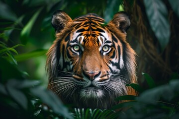 Fototapeta premium A majestic bengal tiger prowls through the lush jungle, its powerful snout and elegant whiskers blending with the surrounding foliage as it moves with grace and stealth