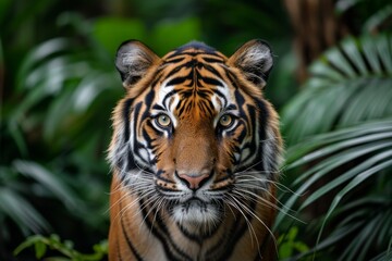 Fototapeta premium Captured in its natural grace, a majestic bengal tiger gazes intently at the camera, its striking fur blending seamlessly with the lush greenery of its outdoor habitat