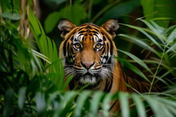 A majestic bengal tiger prowls through the lush jungle, its sleek fur blending in with the surrounding plants as it displays its impressive snout and fierce whiskers, reminding us of the wild beauty 